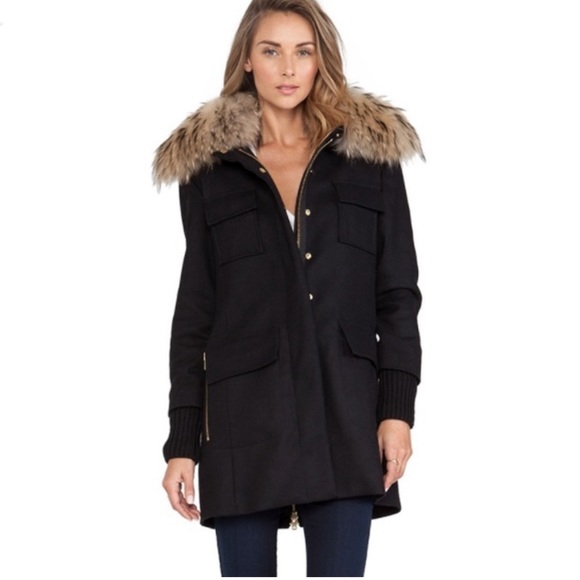 Sam. New York $925 Wool Blend Hooded Real Fur Trim Black Coat - Picture 1 of 2